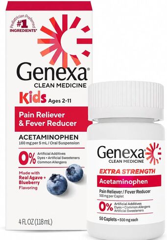 Genexa Kids & Adults Clean Acetaminophen Combo | Family Pain & Fever Bundle | Dye Free, 0% Artificial Additives | Vegan & Non-GMO | Medicine Made Clean | Ages 2-11, 12+ (2 Pack) in Saudi Arabia