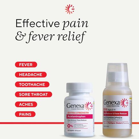 Genexa Kids & Adults Clean Acetaminophen Combo | Family Pain & Fever Bundle | Dye Free, 0% Artificial Additives | Vegan & Non-GMO | Medicine Made Clean | Ages 2-11, 12+ (2 Pack) in Saudi Arabia