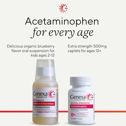 Genexa Kids & Adults Clean Acetaminophen Combo | Family Pain & Fever Bundle | Dye Free, 0% Artificial Additives | Vegan & Non-GMO | Medicine Made Clean | Ages 2-11, 12+ (2 Pack) in Saudi Arabia