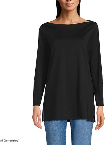 Lands' End Women's American-Grown Supima Cotton Adjustable 3/4 Sleeve Boatneck Tunic Black in Saudi Arabia