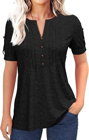 Women's Summer Pleated Button Short Sleeve T-Shirt V-Neck Summer Solid Color Casual top in Kuwait