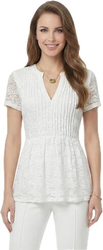 AmélieBoutik Women Casual V Neck Summer Tops Short Sleeve Lace Pleated Blouse Tunic Tops in Kuwait