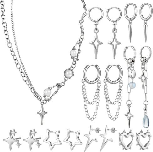 9 Pcs Y2k Jewelry Set Goth Star Earrings Silver Necklace Moonlight Stone Accessories Heart Teardrop Chain Dangle Earring Punk Jewelry Gift for Women in Saudi Arabia