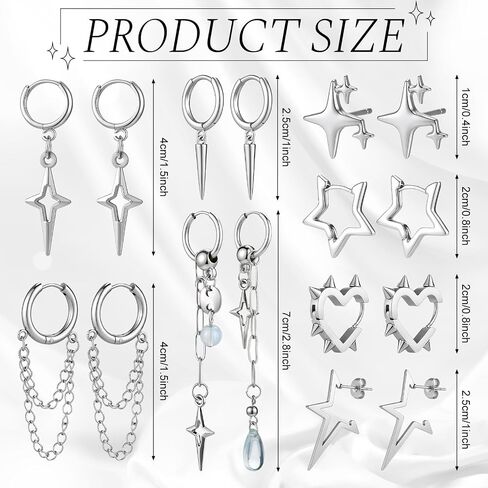 9 Pcs Y2k Jewelry Set Goth Star Earrings Silver Necklace Moonlight Stone Accessories Heart Teardrop Chain Dangle Earring Punk Jewelry Gift for Women in Saudi Arabia