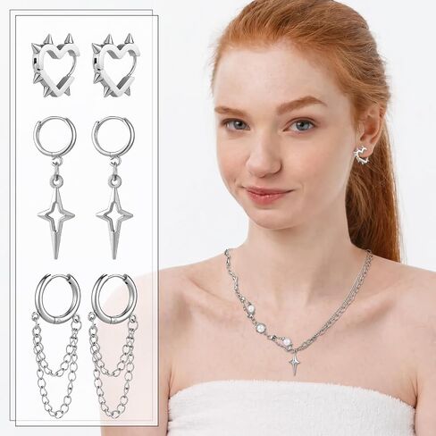 9 Pcs Y2k Jewelry Set Goth Star Earrings Silver Necklace Moonlight Stone Accessories Heart Teardrop Chain Dangle Earring Punk Jewelry Gift for Women in Saudi Arabia