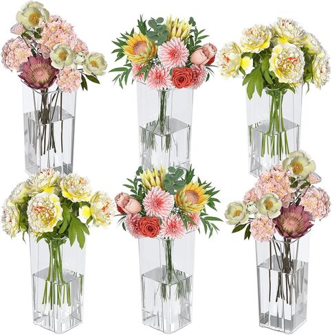Asking 6 Pack Tall Square Acrylic Flower Vase, Clear Plastic Centerpiece Vases for Table, 4" x 4" x 9" in Saudi Arabia