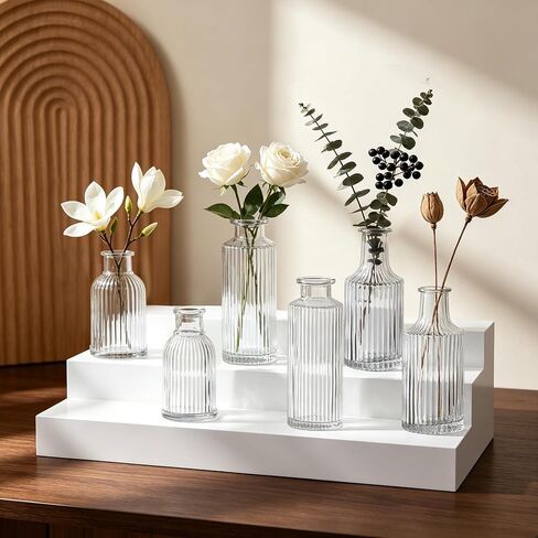 Mini Ribbed Glass Bud Vases Set of 6, Small Fluted Glass Flower Vases for Wedding Reception Centerpieces, Tabletop Decorations, Modern Home Decor in Saudi Arabia
