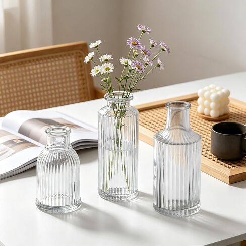 Mini Ribbed Glass Bud Vases Set of 6, Small Fluted Glass Flower Vases for Wedding Reception Centerpieces, Tabletop Decorations, Modern Home Decor in Saudi Arabia
