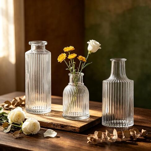 Mini Ribbed Glass Bud Vases Set of 6, Small Fluted Glass Flower Vases for Wedding Reception Centerpieces, Tabletop Decorations, Modern Home Decor in Saudi Arabia