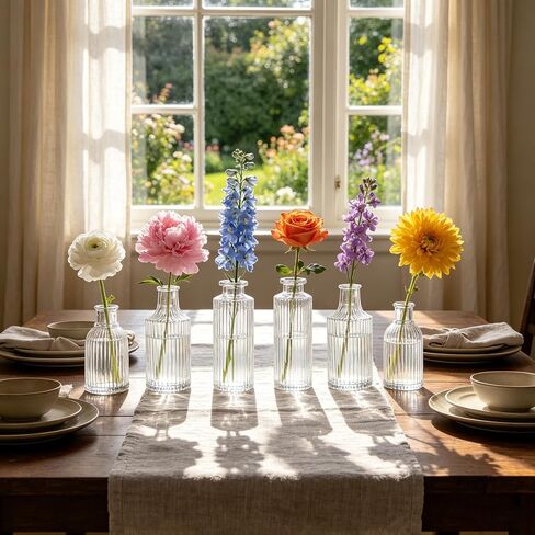 Mini Ribbed Glass Bud Vases Set of 6, Small Fluted Glass Flower Vases for Wedding Reception Centerpieces, Tabletop Decorations, Modern Home Decor in Saudi Arabia