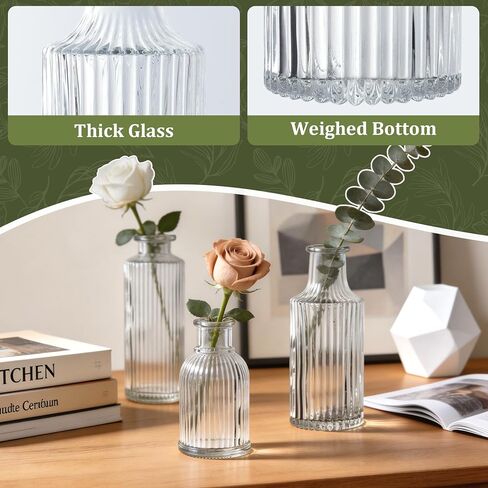Mini Ribbed Glass Bud Vases Set of 6, Small Fluted Glass Flower Vases for Wedding Reception Centerpieces, Tabletop Decorations, Modern Home Decor in Saudi Arabia