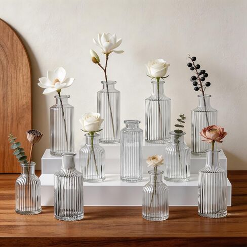 Mini Ribbed Glass Bud Vases Set of 6, Small Fluted Glass Flower Vases for Wedding Reception Centerpieces, Tabletop Decorations, Modern Home Decor in Saudi Arabia