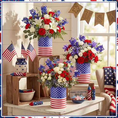 LemonRoad 6 Set Patriotic Table Centerpieces Patriotic Vases with Removable Foam Blocks Red White and Blue Flower Box Cardboard Vases for Flowers Mason Jars Utensil Holder for Home 4th of July in Saudi Arabia