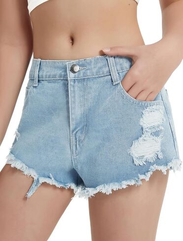 EXARUS Girls Jean Shorts Ripped Teen Distressed Frayed Raw/Folded Hem Summer Cute Denim Mid Rise Tween Jorts Kids Casual in Kuwait