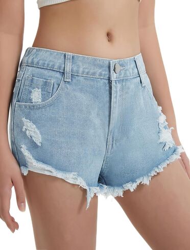 EXARUS Girls Jean Shorts Ripped Teen Distressed Frayed Raw/Folded Hem Summer Cute Denim Mid Rise Tween Jorts Kids Casual in Kuwait