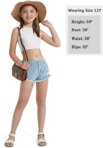 EXARUS Girls Jean Shorts Ripped Teen Distressed Frayed Raw/Folded Hem Summer Cute Denim Mid Rise Tween Jorts Kids Casual in Kuwait