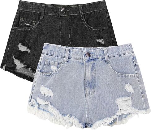EXARUS Girls Jean Shorts Ripped Teen Distressed Frayed Raw/Folded Hem Summer Cute Denim Mid Rise Tween Jorts Kids Casual in Kuwait
