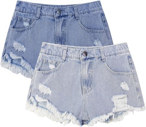 EXARUS Girls Jean Shorts Ripped Teen Distressed Frayed Raw/Folded Hem Summer Cute Denim Mid Rise Tween Jorts Kids Casual in Kuwait