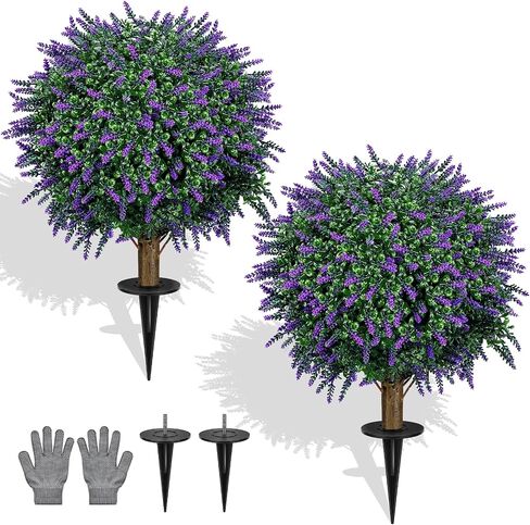 27" Artificial Outdoor Lavender Boxwood Topiary Ball Tree, Set of 2 UV Resistant Faux Silk Shrubs with Ground Spikes, Large Fake Boxwood Plants bushes for Garden, Porch, Patio Decor and Reception in Saudi Arabia