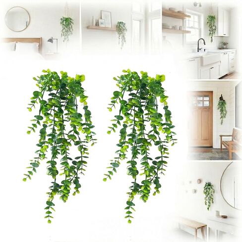 عبوتان من النباتات المعلقة المزيفة، نباتات اصطناعية بوعاء للديكور الداخلي والخارجي - كروم الأوكالبتوس الصناعية الواقعية في أوعية لحمام بوهو، وغرفة النوم، والرف، وديكور جدار الشرفة، ومساحات خضراء مقاومة للأشعة فوق البنفسجية in Kuwait