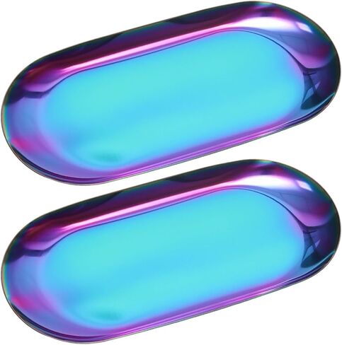 2 Pcs Stainless Steel Decorative Tray, Jewelry Dish, Bathroom Organizer, Oval Trinket Tray, Rolling Tray or Serving Plate,Colorful,7inch,Oval in Saudi Arabia