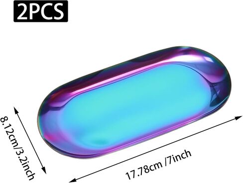 2 Pcs Stainless Steel Decorative Tray, Jewelry Dish, Bathroom Organizer, Oval Trinket Tray, Rolling Tray or Serving Plate,Colorful,7inch,Oval in Saudi Arabia