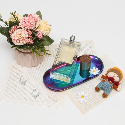 2 Pcs Stainless Steel Decorative Tray, Jewelry Dish, Bathroom Organizer, Oval Trinket Tray, Rolling Tray or Serving Plate,Colorful,7inch,Oval in Saudi Arabia