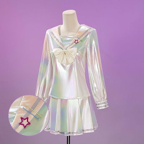 Women Cosplay Game Streamer Costumes Laser School Uniform with Cute Hair Clip for Halloween Party in Saudi Arabia