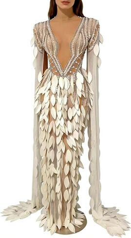 Women Pearl Prom Dress Transparent Layered Leaf Long Dress Bar Stage Performance Costume Prom Gown(White,One Size) in Kuwait