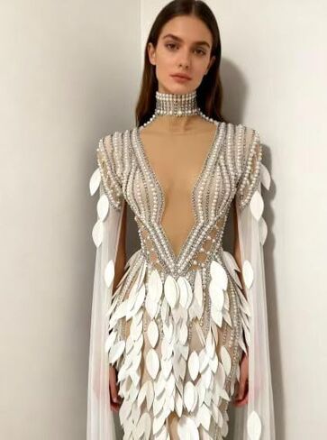 Women Pearl Prom Dress Transparent Layered Leaf Long Dress Bar Stage Performance Costume Prom Gown(White,One Size) in Kuwait