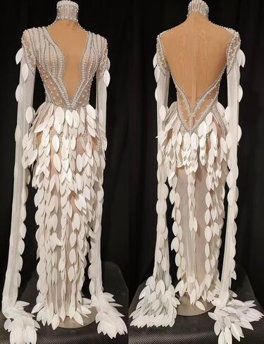 Women Pearl Prom Dress Transparent Layered Leaf Long Dress Bar Stage Performance Costume Prom Gown(White,One Size) in Kuwait