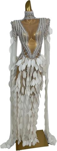 Women Pearl Prom Dress Transparent Layered Leaf Long Dress Bar Stage Performance Costume Prom Gown(White,One Size) in Kuwait