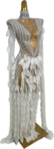 Women Pearl Prom Dress Transparent Layered Leaf Long Dress Bar Stage Performance Costume Prom Gown(White,One Size) in Kuwait
