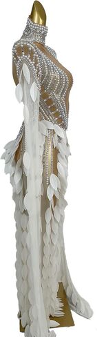 Women Pearl Prom Dress Transparent Layered Leaf Long Dress Bar Stage Performance Costume Prom Gown(White,One Size) in Kuwait