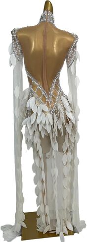Women Pearl Prom Dress Transparent Layered Leaf Long Dress Bar Stage Performance Costume Prom Gown(White,One Size) in Kuwait