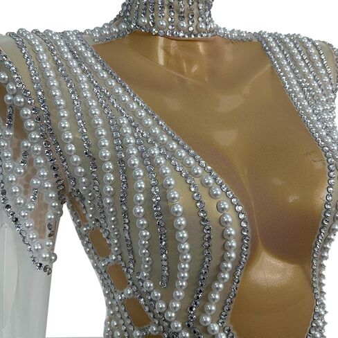 Women Pearl Prom Dress Transparent Layered Leaf Long Dress Bar Stage Performance Costume Prom Gown(White,One Size) in Kuwait