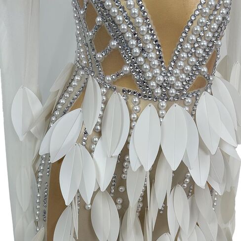 Women Pearl Prom Dress Transparent Layered Leaf Long Dress Bar Stage Performance Costume Prom Gown(White,One Size) in Kuwait