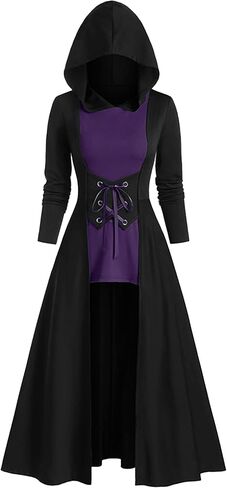 FEOYA Womens Renaissance Costumes Hooded Robe Lace Up Vintage Pullover High Low Long Hoodie Dress Cloak in Kuwait