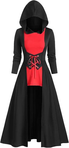 FEOYA Womens Renaissance Costumes Hooded Robe Lace Up Vintage Pullover High Low Long Hoodie Dress Cloak in Kuwait