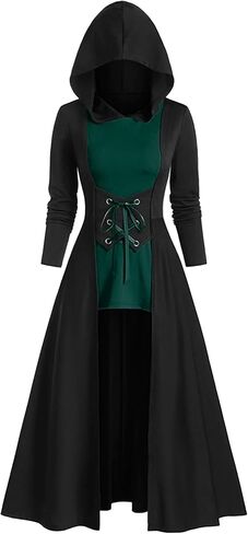 FEOYA Womens Renaissance Costumes Hooded Robe Lace Up Vintage Pullover High Low Long Hoodie Dress Cloak in Kuwait