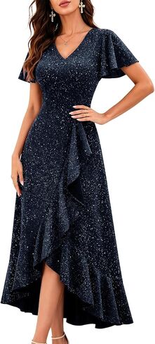 BeryLove Sequin Formal Dress Flutter Short Sleeve Wedding Guest Prom Cocktail Long Evening Dress in Saudi Arabia