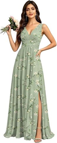 Chiffon Bridesmaid Dresses for Women Sleeveless Long V Neck Ruffles Pleated Formal Evening Gown with Slit in Kuwait