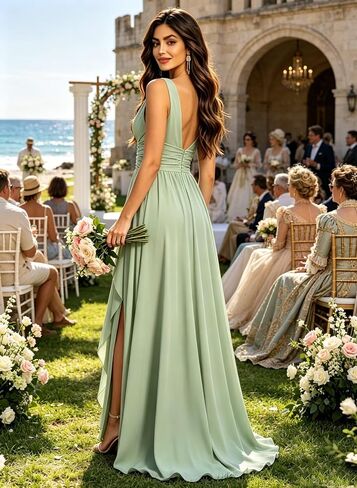 Chiffon Bridesmaid Dresses for Women Sleeveless Long V Neck Ruffles Pleated Formal Evening Gown with Slit in Kuwait