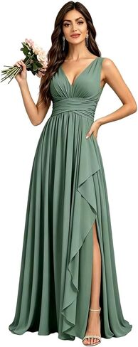 Chiffon Bridesmaid Dresses for Women Sleeveless Long V Neck Ruffles Pleated Formal Evening Gown with Slit in Kuwait