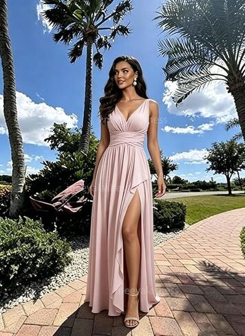 Chiffon Bridesmaid Dresses for Women Sleeveless Long V Neck Ruffles Pleated Formal Evening Gown with Slit in Kuwait