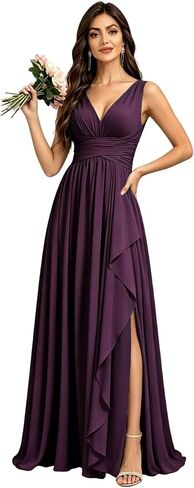 Chiffon Bridesmaid Dresses for Women Sleeveless Long V Neck Ruffles Pleated Formal Evening Gown with Slit in Kuwait