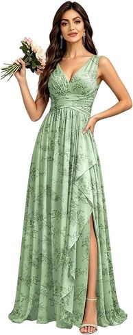 Chiffon Bridesmaid Dresses for Women Sleeveless Long V Neck Ruffles Pleated Formal Evening Gown with Slit in Kuwait