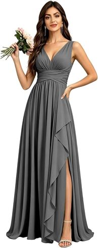 Chiffon Bridesmaid Dresses for Women Sleeveless Long V Neck Ruffles Pleated Formal Evening Gown with Slit in Kuwait