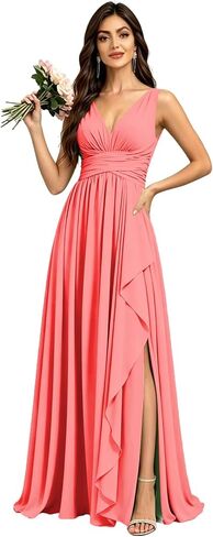 Chiffon Bridesmaid Dresses for Women Sleeveless Long V Neck Ruffles Pleated Formal Evening Gown with Slit in Kuwait