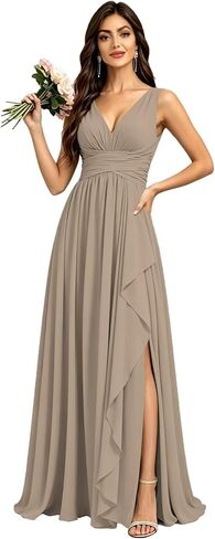 Chiffon Bridesmaid Dresses for Women Sleeveless Long V Neck Ruffles Pleated Formal Evening Gown with Slit in Kuwait